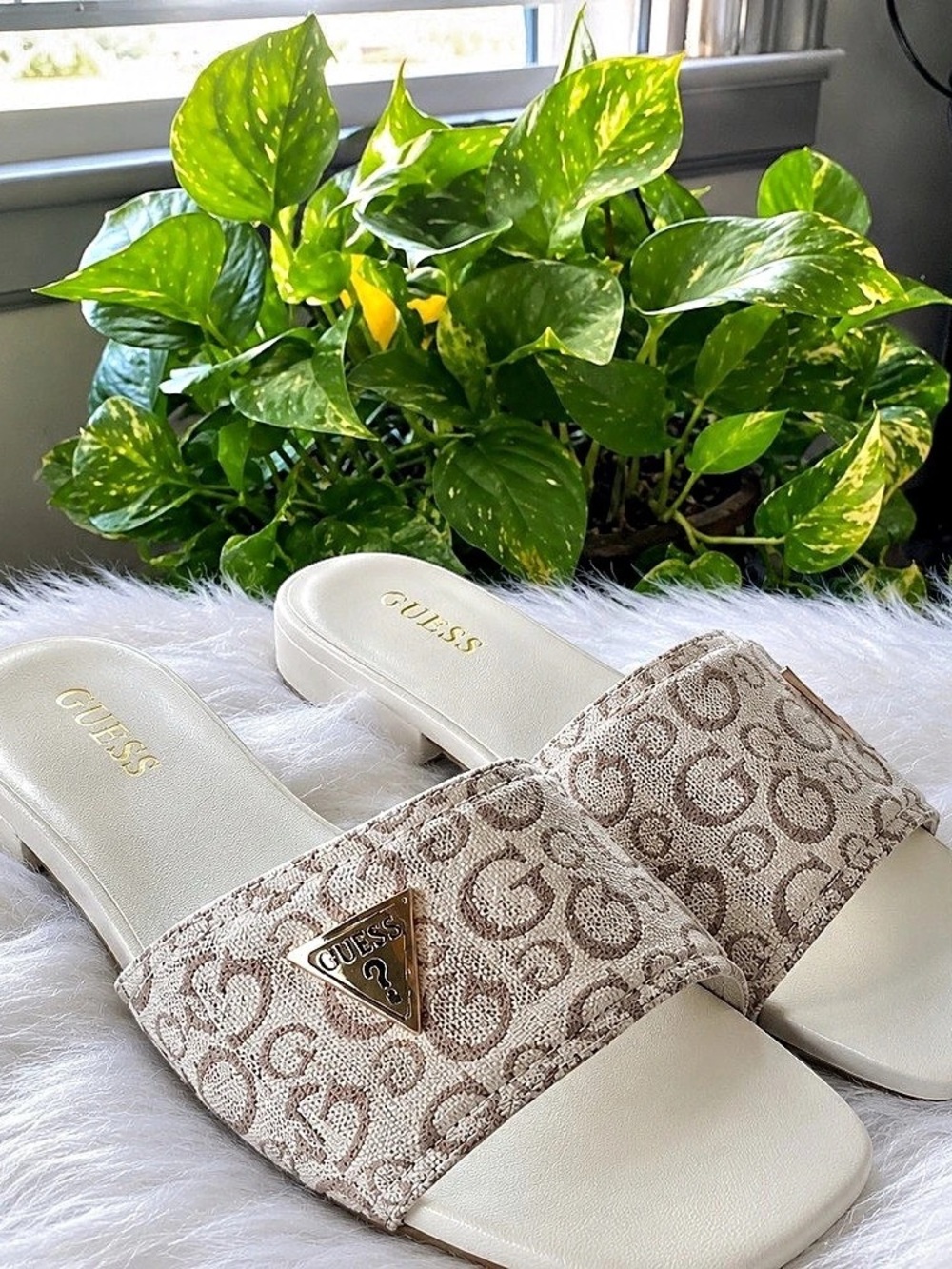 Guess Logo Slide Sandals in White & Brown - New, Never Worn